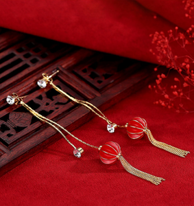 Chinese Red Lantern Vintage Long Tassel Earrings