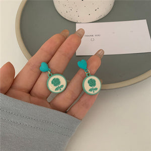 Cute Green Acrylic Love Flower Round Earrings Retro Simple Irregular