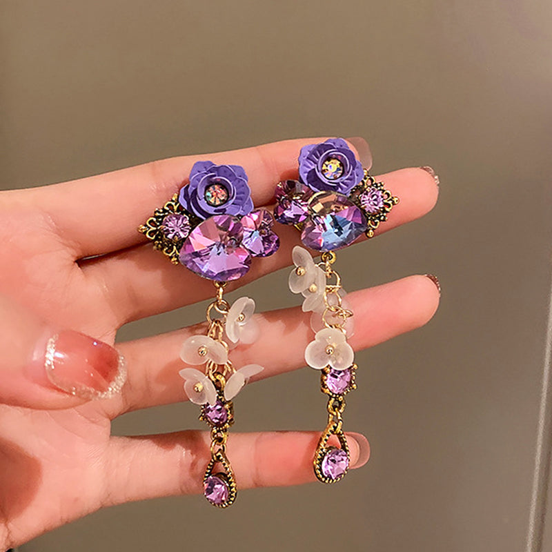 Heart Crystal Purple Flower Drop Earrings for Women