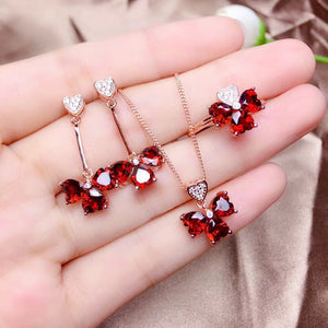 Four Leaf Clover Ruby Heart Drop Jewelry Set