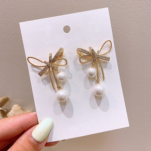 Korean Elegant Bow Imitation Pearl Earring