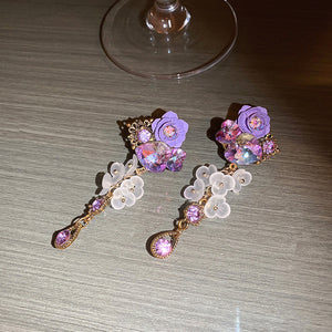 Heart Crystal Purple Flower Drop Earrings for Women