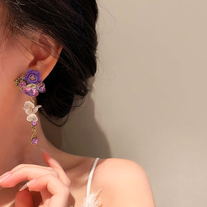 Heart Crystal Purple Flower Drop Earrings for Women