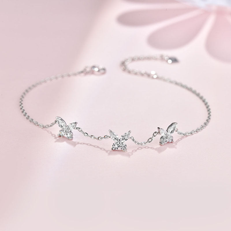 Sterling Silver Link Chain Crystal Butterfly Charm Bracelet