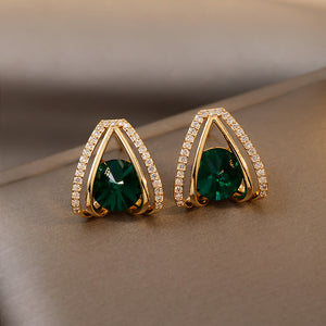 Green Acrylic Rhinestone Water Drop Golden Ladies Earrings