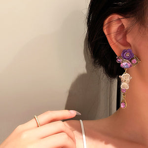 Heart Crystal Purple Flower Drop Earrings for Women