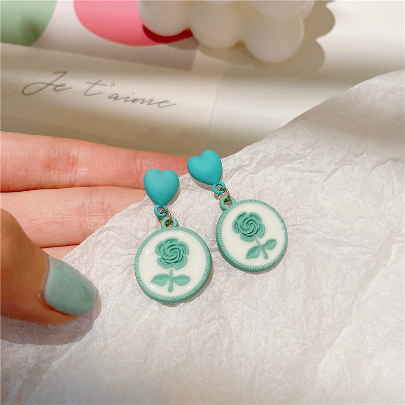 Cute Green Acrylic Love Flower Round Earrings Retro Simple Irregular