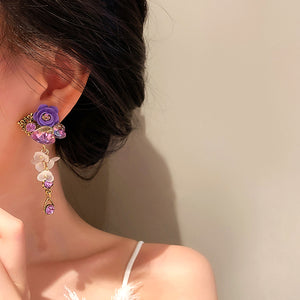 Heart Crystal Purple Flower Drop Earrings for Women