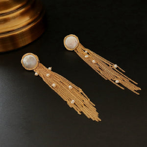 Fresh Water Baroque Flat Pearl Tassel Long Earrings