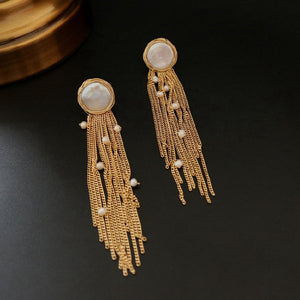 Fresh Water Baroque Flat Pearl Tassel Long Earrings