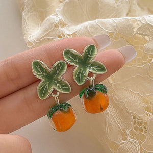 Creative Persimmon Orange Color Flower Leaf Stud Earrings