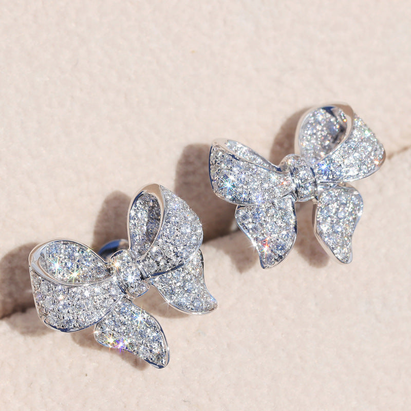 Cute Bowknot Stud Earrings for Women with Zircon