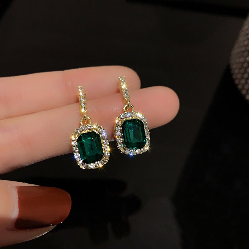 Korean Green Square Crystal Stone Drop Earrings for Women