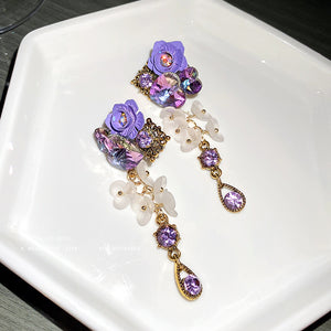 Heart Crystal Purple Flower Drop Earrings for Women