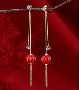 Chinese Red Lantern Vintage Long Tassel Earrings